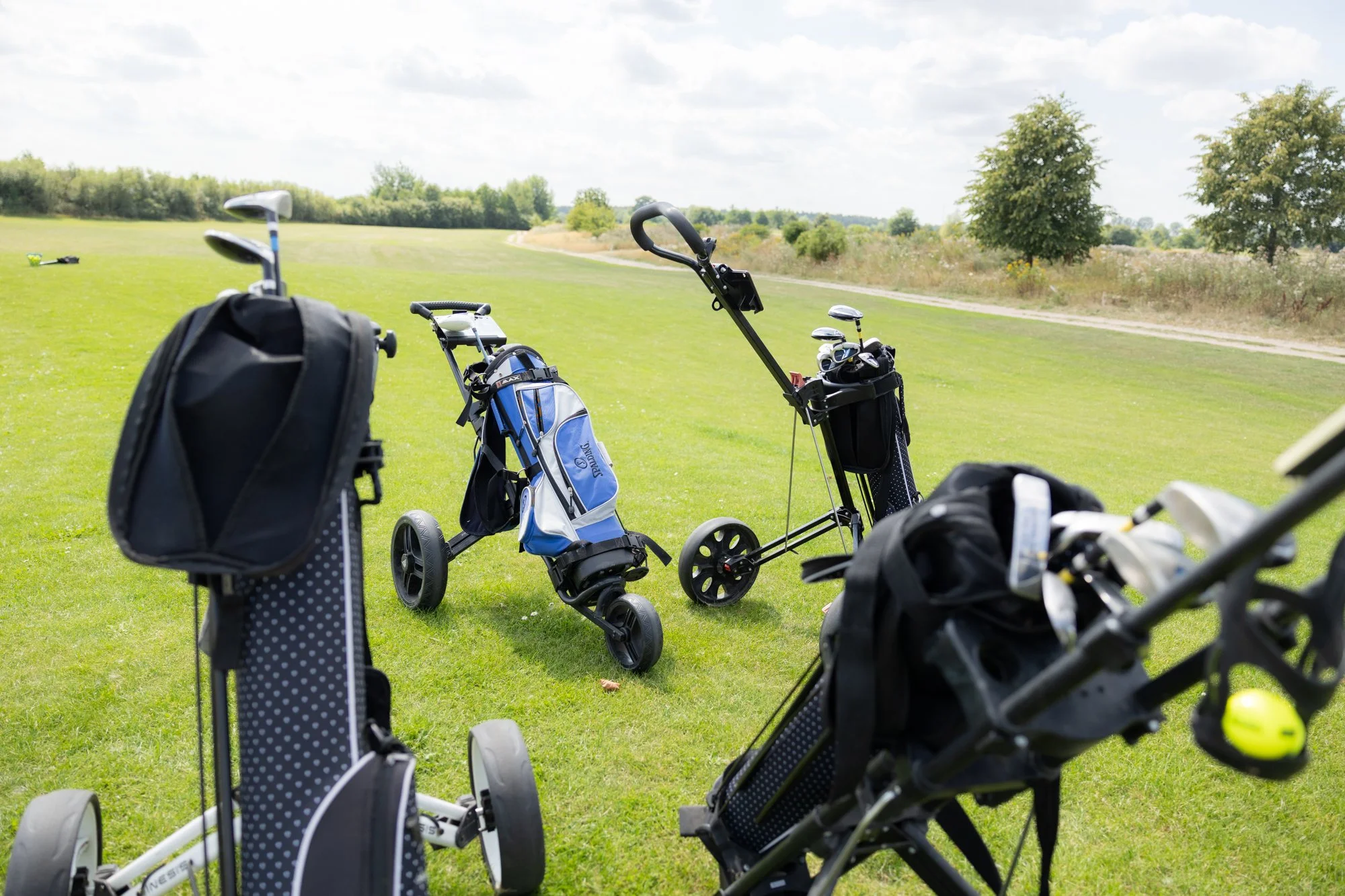 Golfbags und Golfschläger auf einer Golfwiese. Im Hintergrund Bäume ein sonniger blauer Himmel.