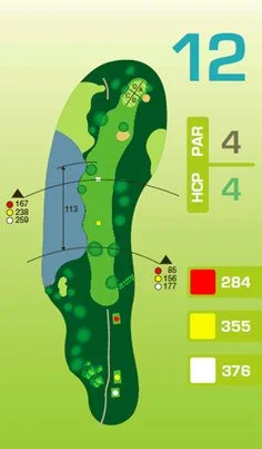 Bahnengrafik Spielbahn 12: Par 4, HCP-Index 4. Leicht geschwungener Verlauf mit Bäumen, Bunker und Teich. Spiellängen: 284 m (rot), 355 m (gelb), 376 m (weiß).