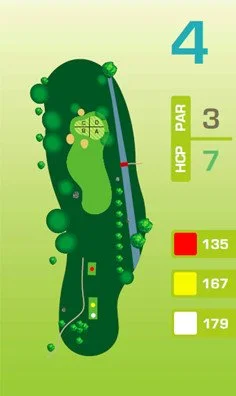 Bahnengrafik Spielbahn 4: Par 3, HCP-Index 7. Leicht geschwungener Verlauf mit Bunker und Baumgruppen. Spiellängen: 135 m (rot), 167 m (gelb), 179 m (weiß).