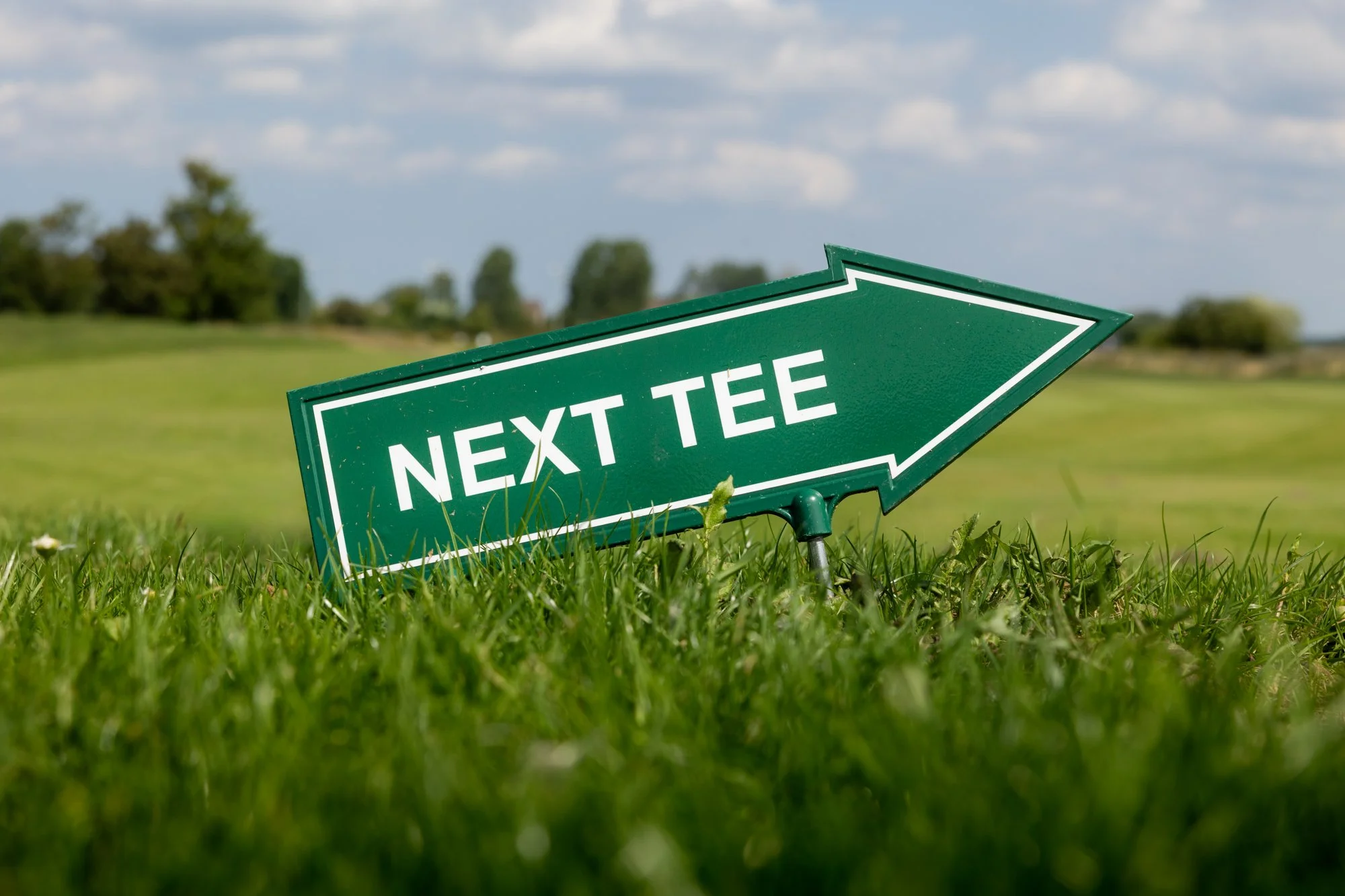 Ein grünes Wegweiser-Schild mit der Aufschrift ‚Next Tee‘ auf einer grünen Wiese mit Bäumen im Hintergrund under blauer Himmel mit Wolken.