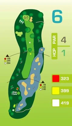 Bahnengrafik Spielbahn 6: Par 4, HCP-Index 1. Leicht geschwungener Verlauf mit Bunker, Baumgruppen und Teich. Spiellängen: 323 m (rot), 399 m (gelb), 419 m (weiß).