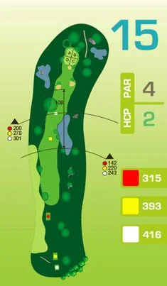 Bahnengrafik Spielbahn 15: Par 4, HCP-Index 2. Leicht geschwungener Verlauf mit Bäumen, Bunker und Teich. Spiellängen: 315 m (rot), 393 m (gelb), 416 m (weiß).