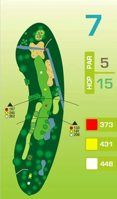 Bahnengrafik Spielbahn 7: Par 5, HCP-Index 15. Leicht geschwungener Verlauf mit Bunker, Baumgruppen und Teich. Spiellängen: 373 m (rot), 431 m (gelb), 448 m (weiß).