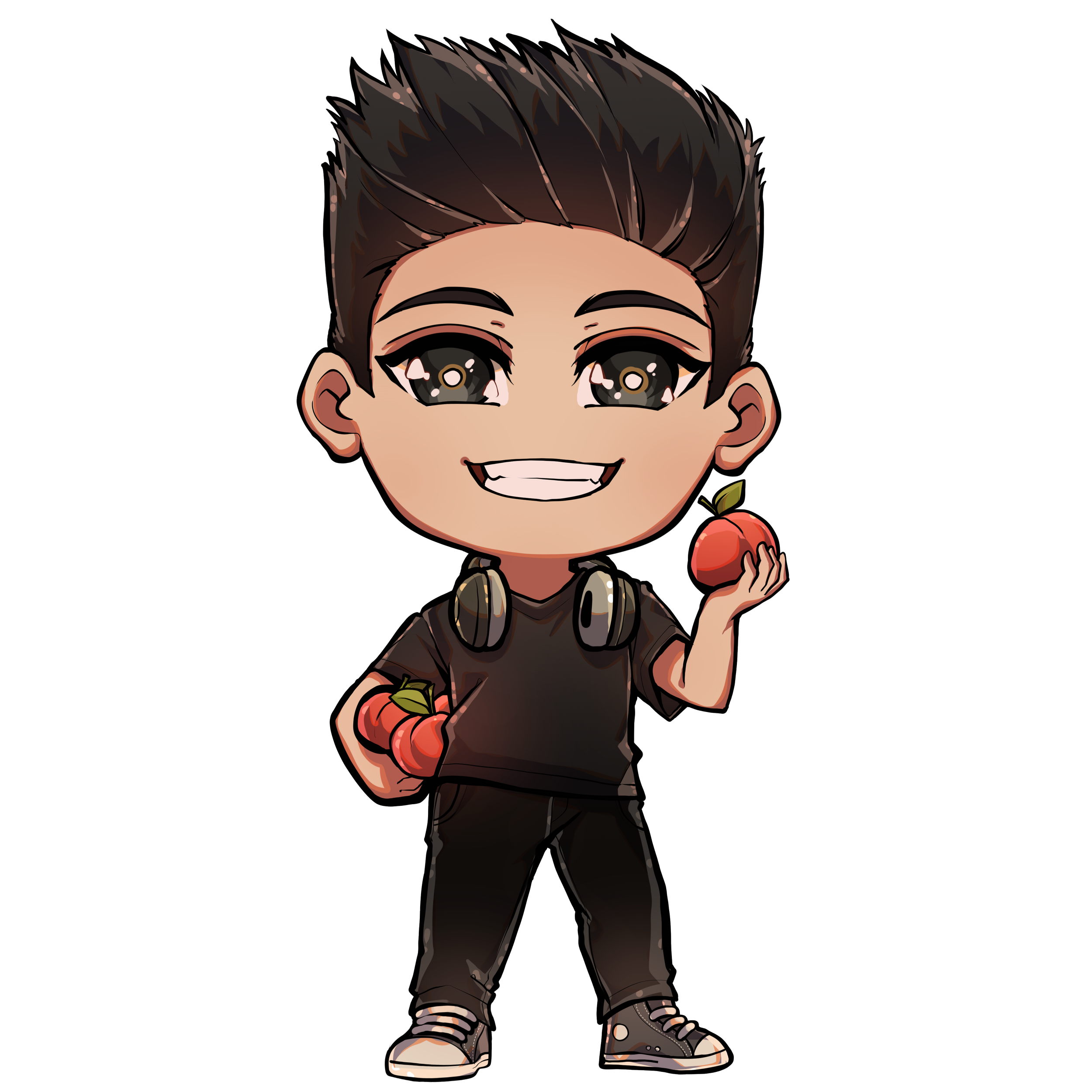 A cartoon boy with brown spiked hair, big expressive brown eyes, and a wide toothy smile, wearing a dark t-shirt, navy blue pants, sneakers, and headphones around his neck, holding a small red apple.