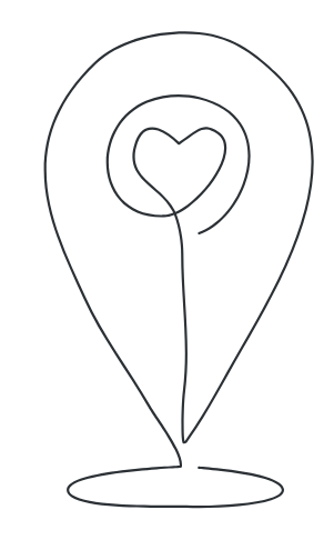 Outline of a map pin with a heart at the center, connected by a line.