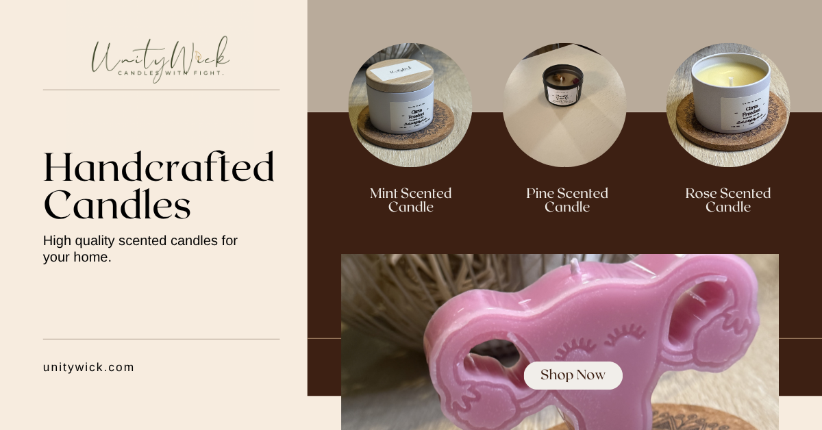 Advertisement for handcrafted candles from Unity Wick, featuring three scented candles: mint, pine, and rose, plus a pink elephant-shaped candle.