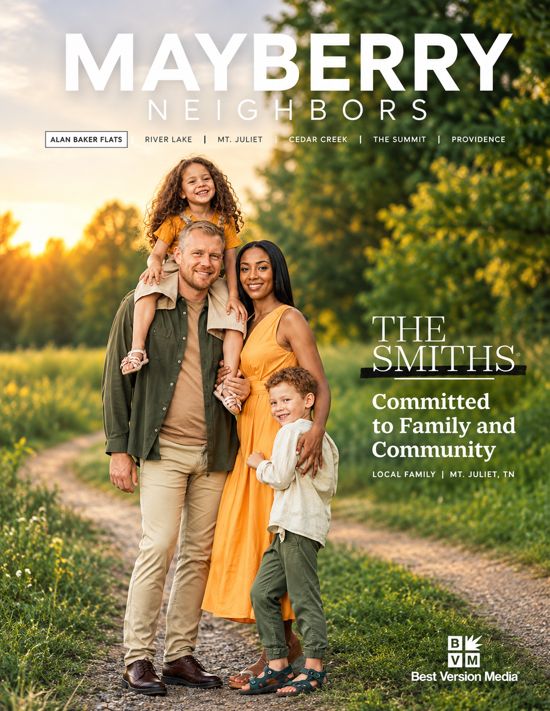 A family of four outdoors on a dirt path surrounded by greenery at sunset, smiling and posing for a photo. The father has a beard and khakis, the mother wears a yellow dress, the little girl is on the father's shoulders wearing a yellow shirt, and the young boy is hugging his mother wearing a light jacket and green pants.