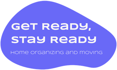 logo, periwinkle blob shape with the name of the business, "Get Ready, Stay Ready" and a small line of text beneath that says "home organizing and moving"