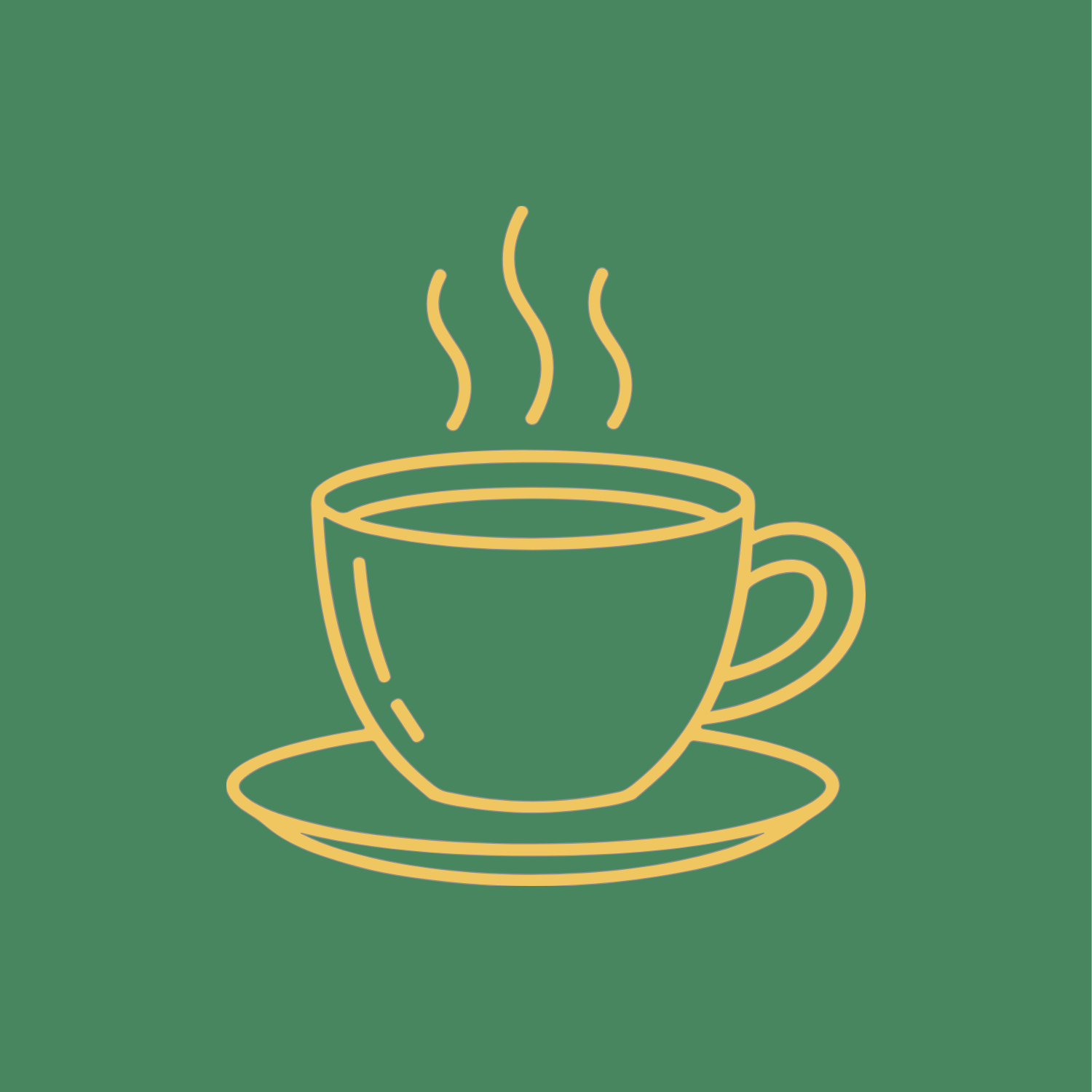 Line drawing of a steaming coffee cup with a saucer on a green background.