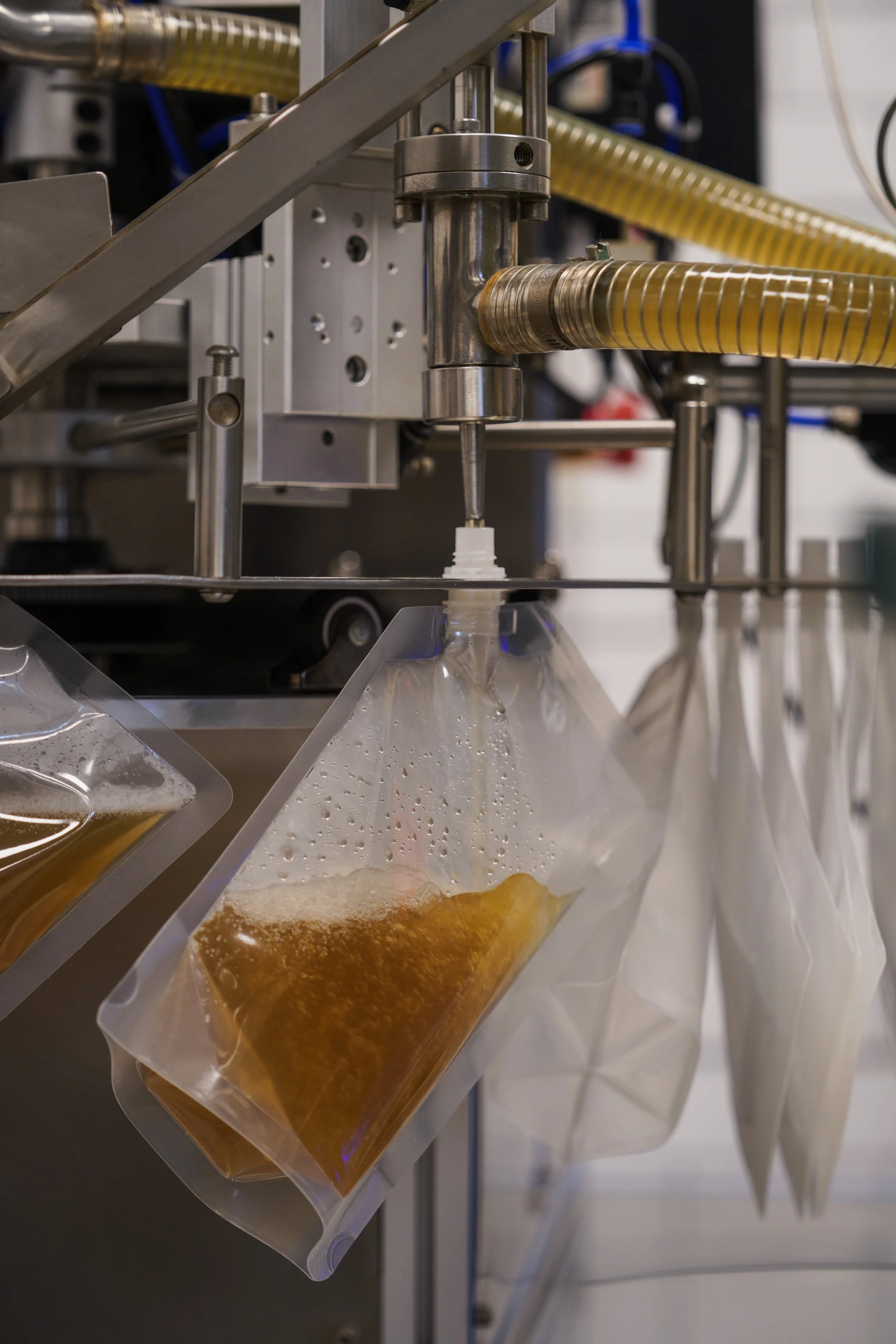 Close-up of laboratory equipment with sealed plastic bags containing amber-colored liquid, connected to a metal apparatus with tubes and fittings.