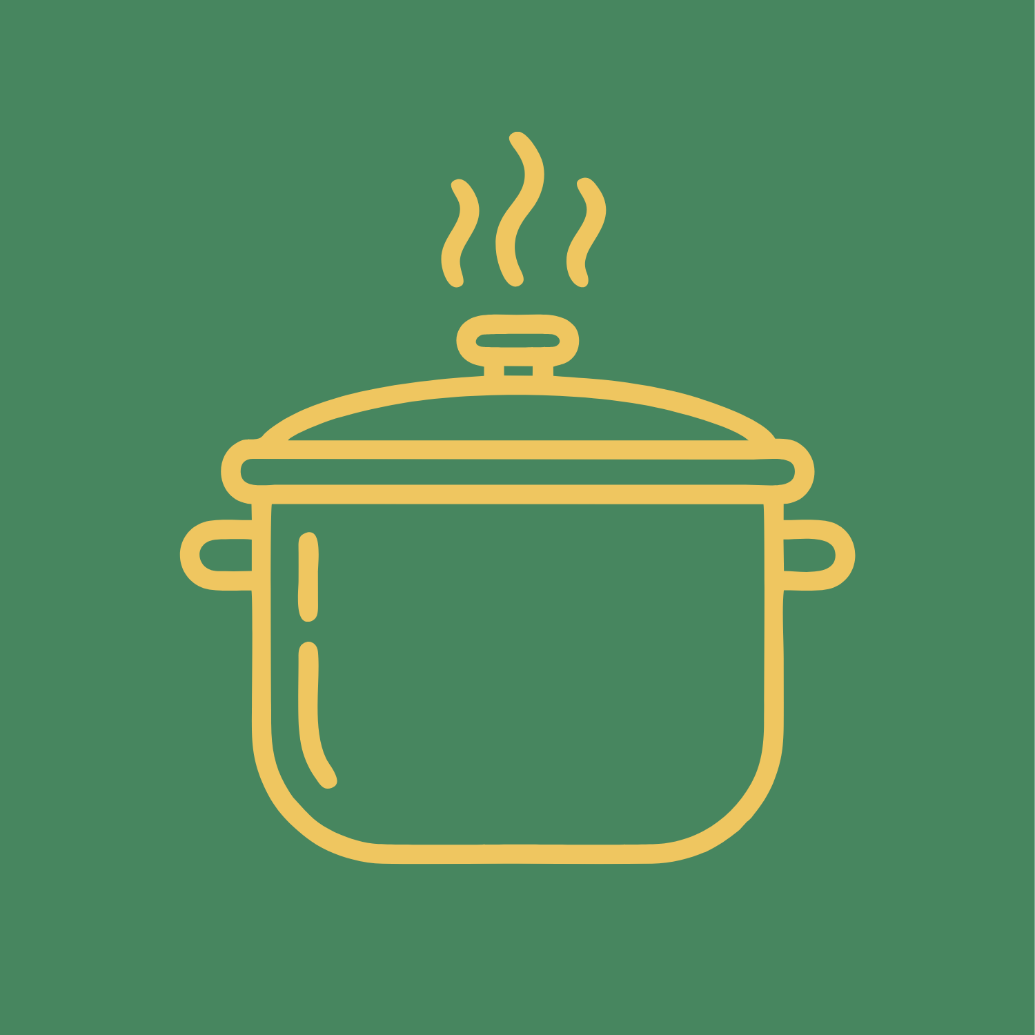 Line drawing of a cooking pot with steam rising from it, on a green background.