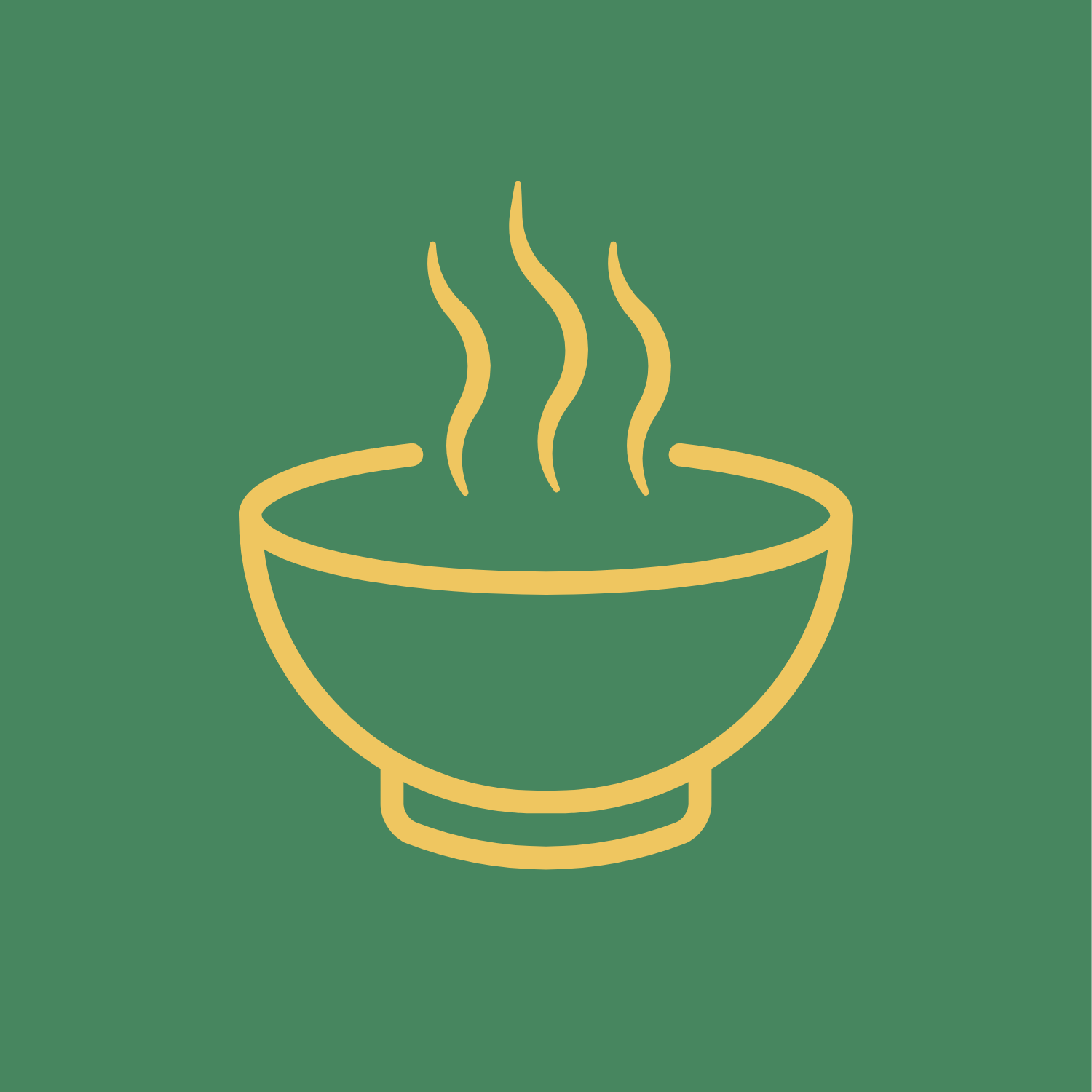 Line drawing of a steaming bowl of soup or hot beverage on a green background.
