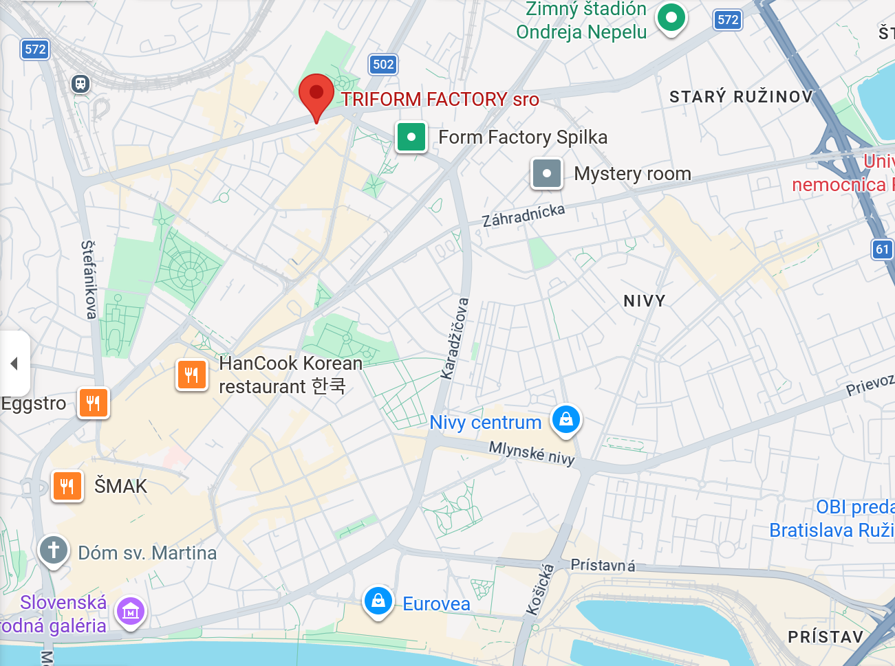 Map showing locations in Nivy, Bratislava, Slovakia, including TRIFORM FACTORY sro,  Dóm sv. Martina, Eurovea shopping area, and nearby streets and landmarks.