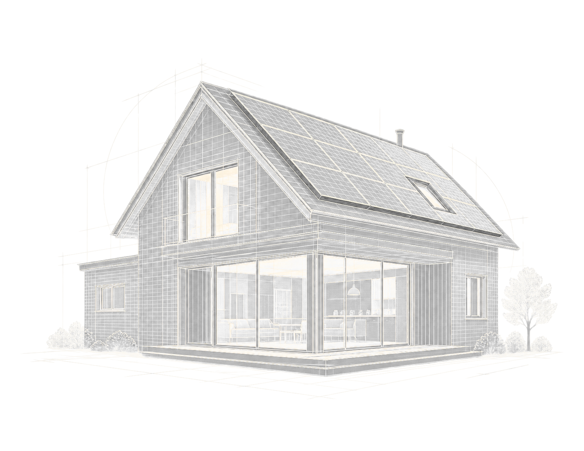 A digital blueprint or architectural drawing of a modern house with a gable roof, solar panels, and large windows.