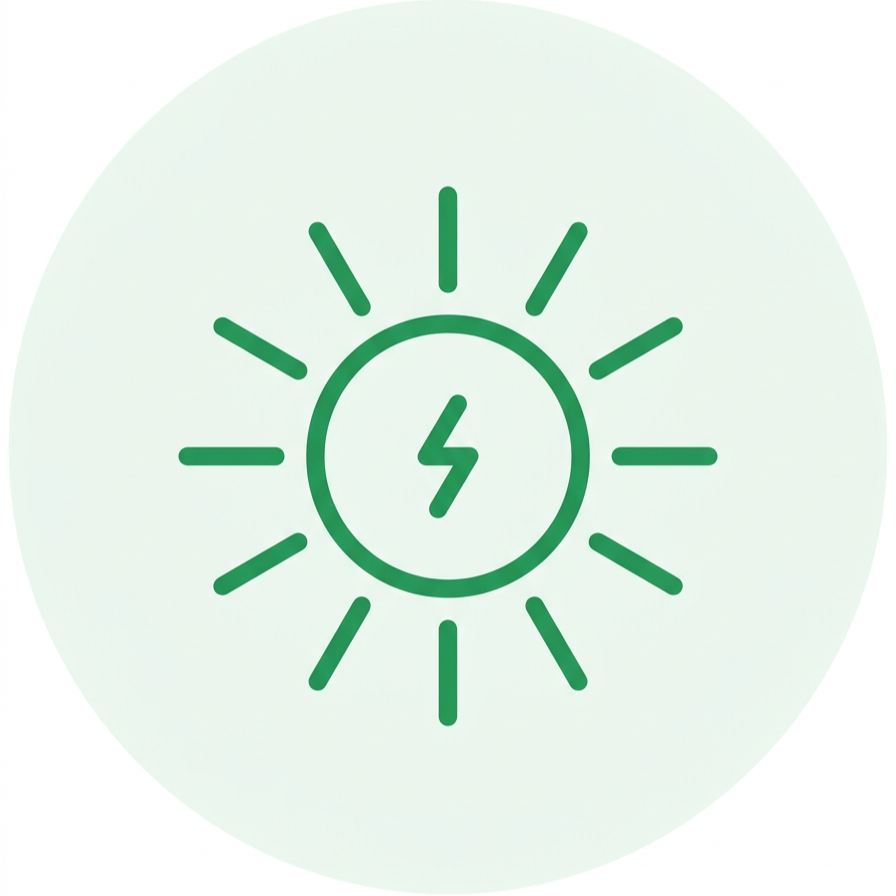 Solar energy icon with a lightning bolt inside a circle, surrounded by sun rays, on a light green background.