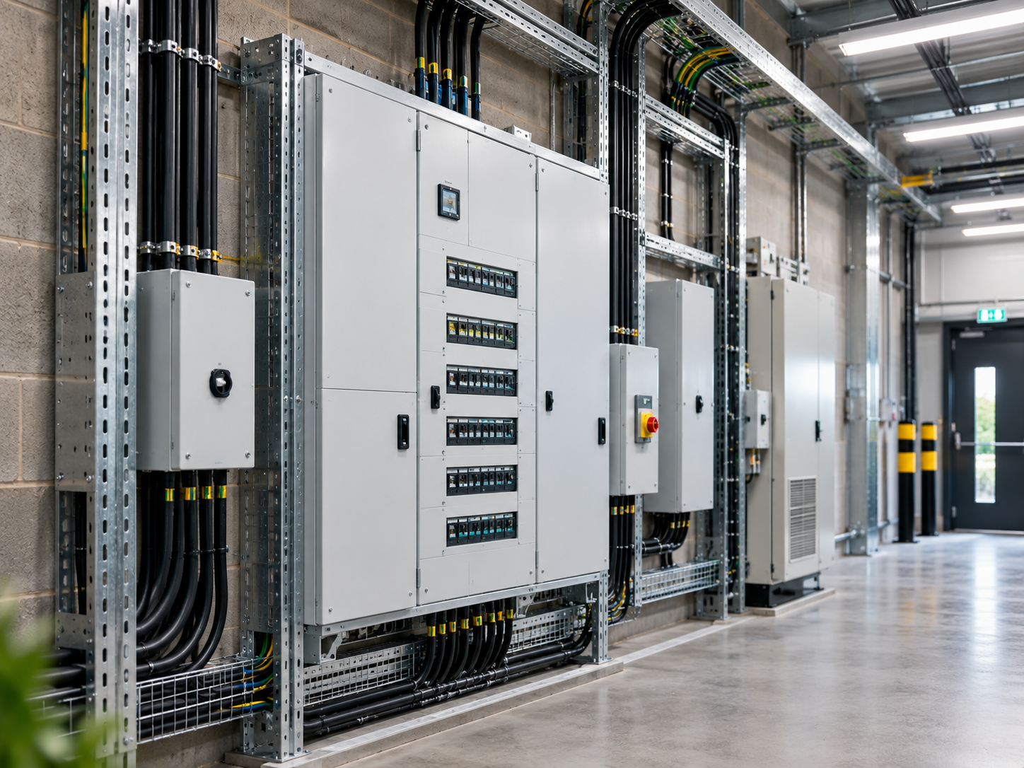 Electrical control panels and wiring in an industrial room.