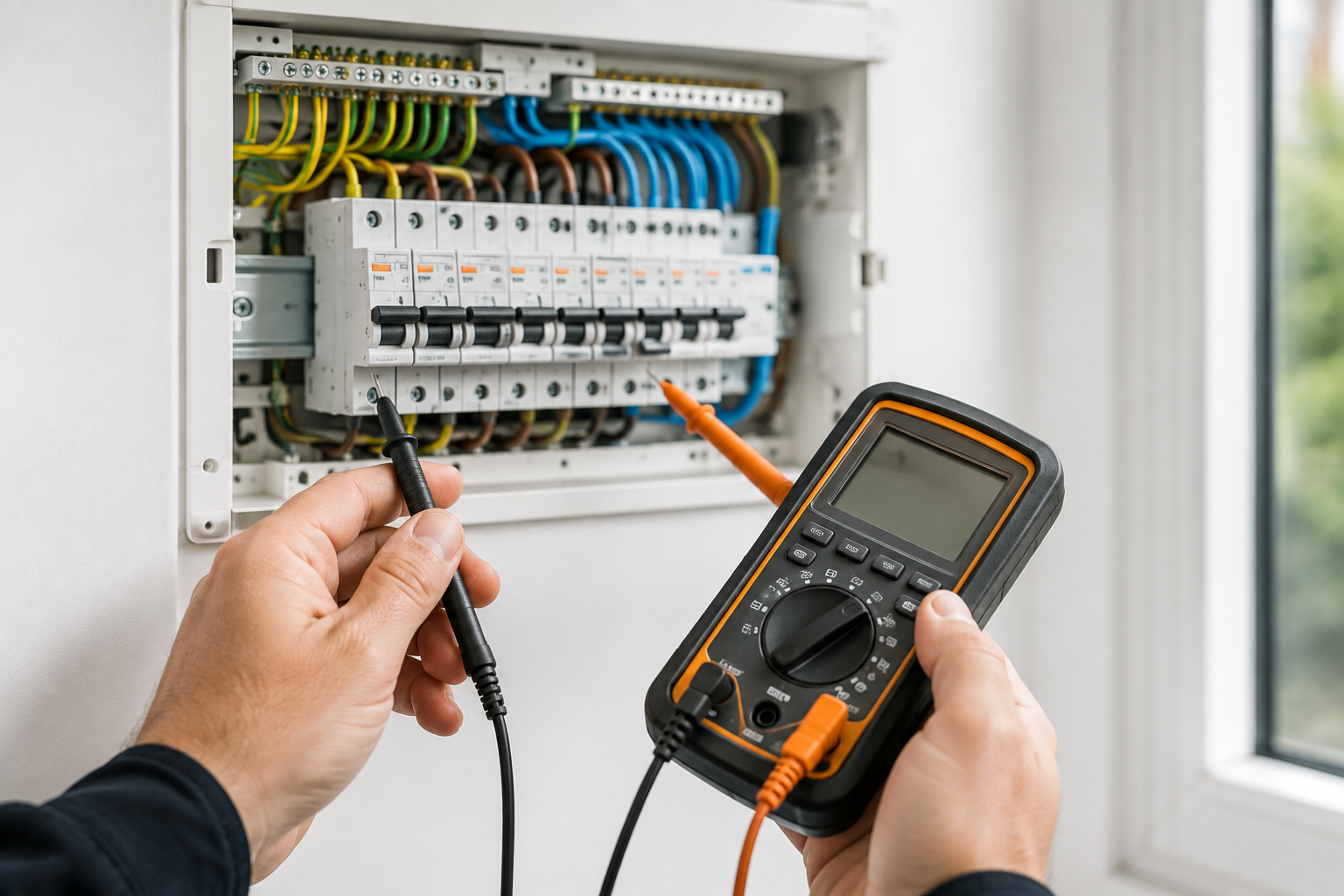 Person using a multimeter to test an electrical circuit inside a breaker box.