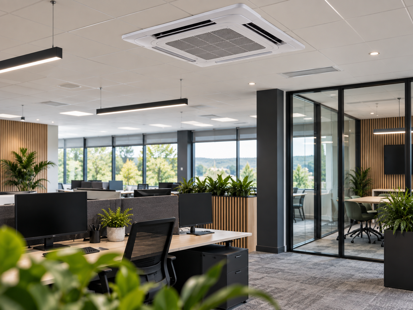 Modern open-plan office with desks, plants, and large windows showing trees outside. A glass-walled meeting room is visible on the right.