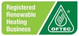 Logo of OFTEC with text 'Registered Renewable Heating Business' on a green background.