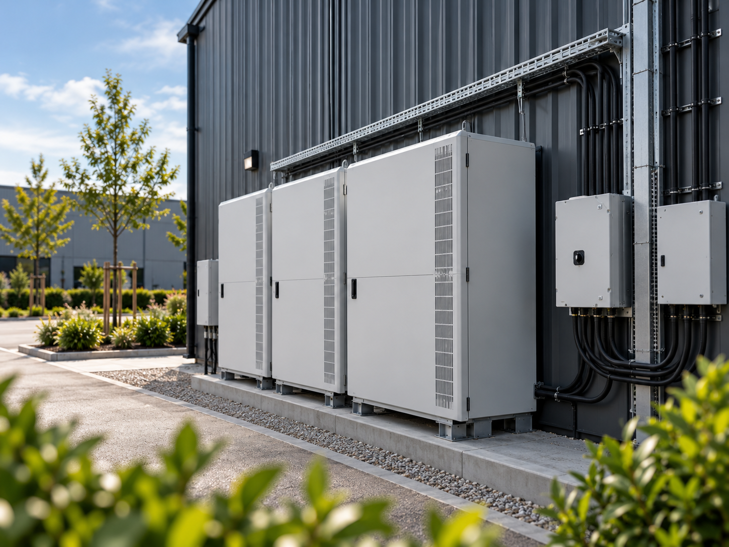 Commercial outdoor HVAC or electrical equipment installed against the side of a building, with a landscaped area and trees nearby.