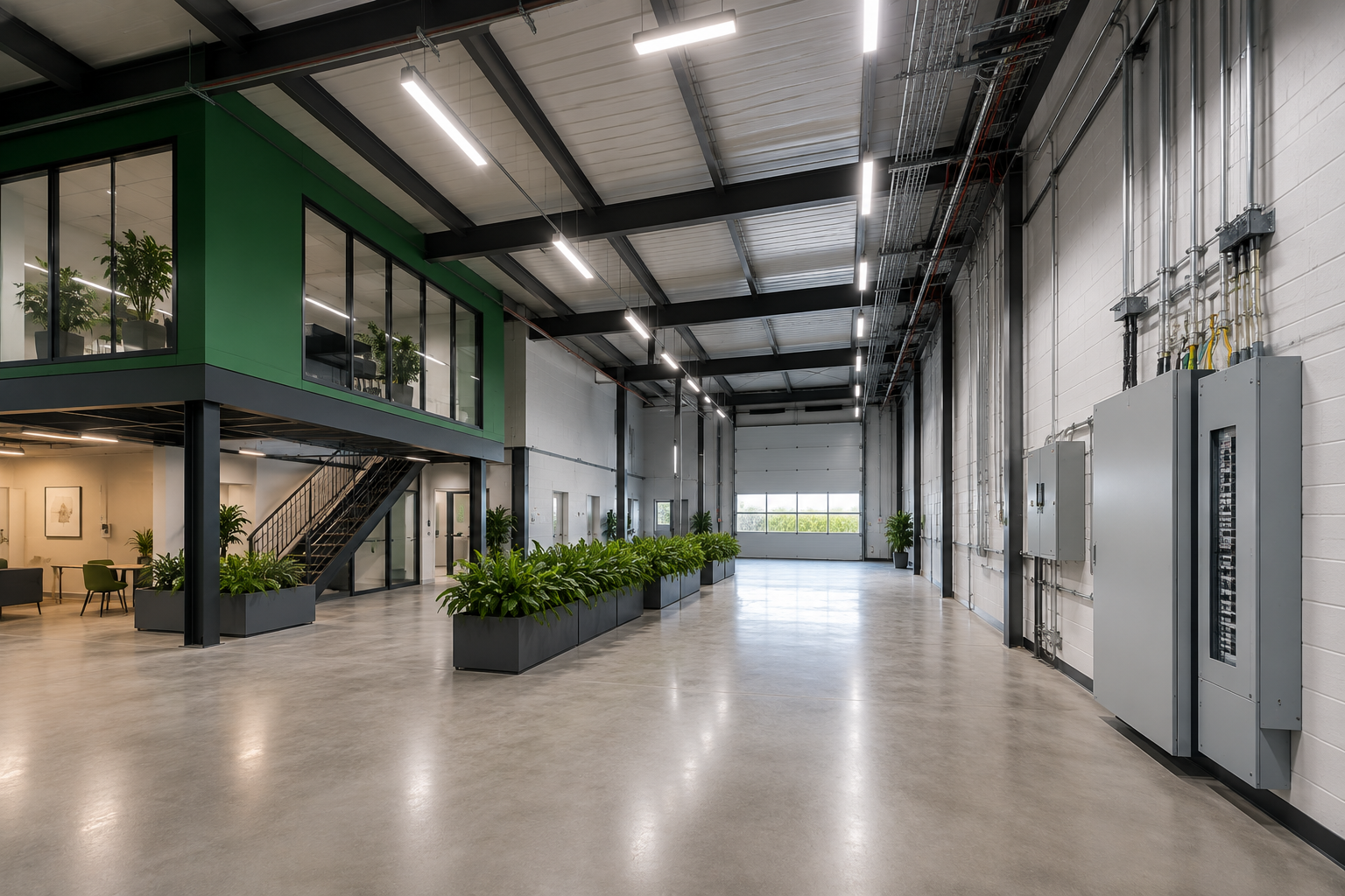 Interior of a modern industrial office and warehouse space with a mezzanine level, potted plants, and a large open area.