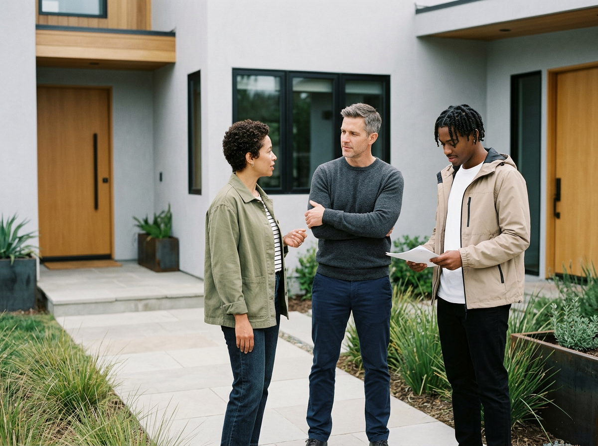 Three people standing outside a modern house having a conversation, with one person holding a piece of paper.