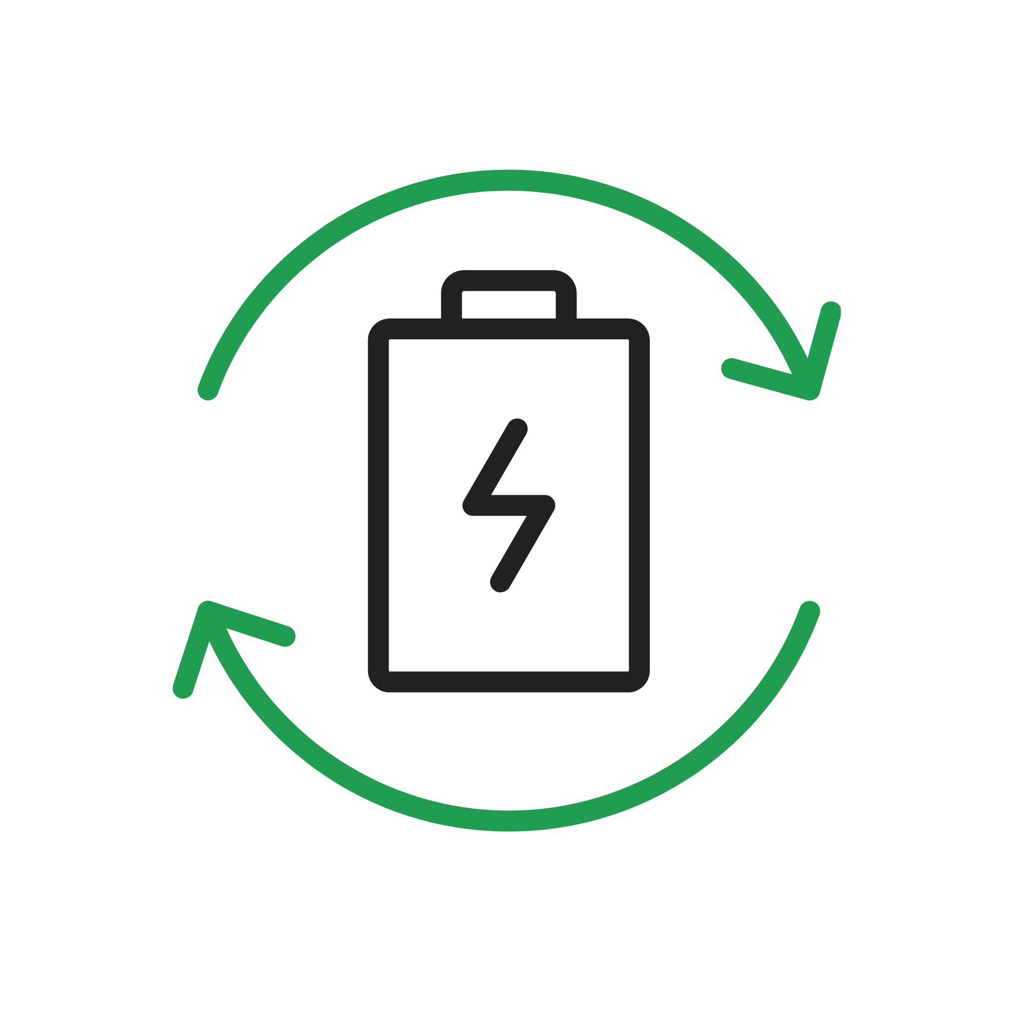 Graphic illustrating the concept of fast charging, showing a battery icon with a lightning bolt, surrounded by green arrows indicating quick charging.