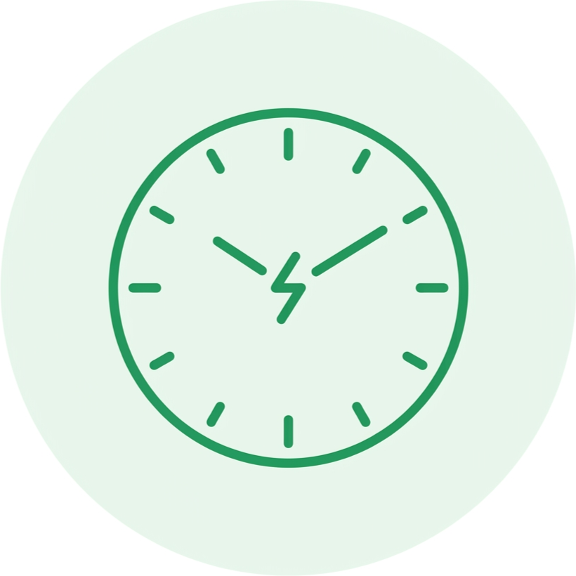 A clock showing the time as 2:45 with a green lightning bolt in the center, on a light green background.