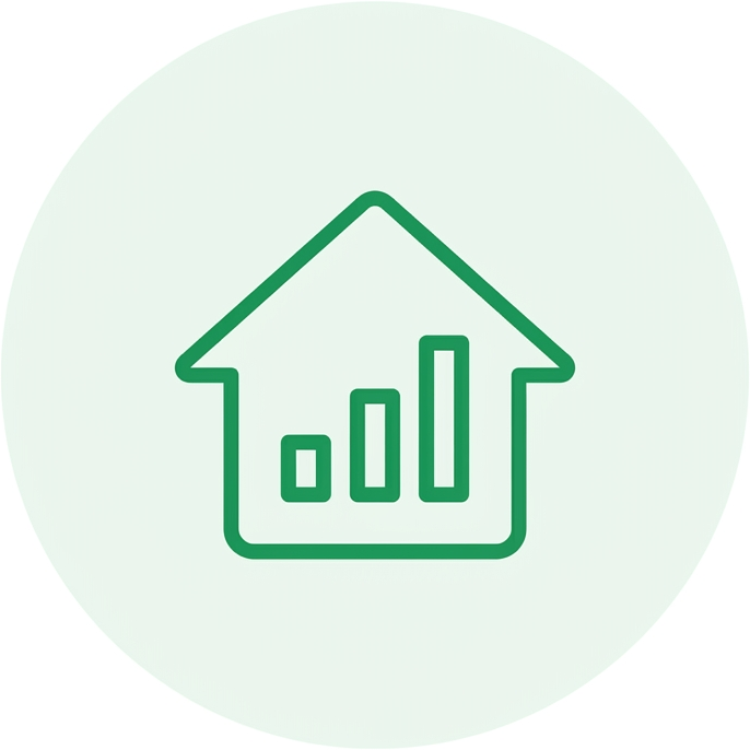 Green outline of a house with a bar graph inside, showing increasing bars from left to right.