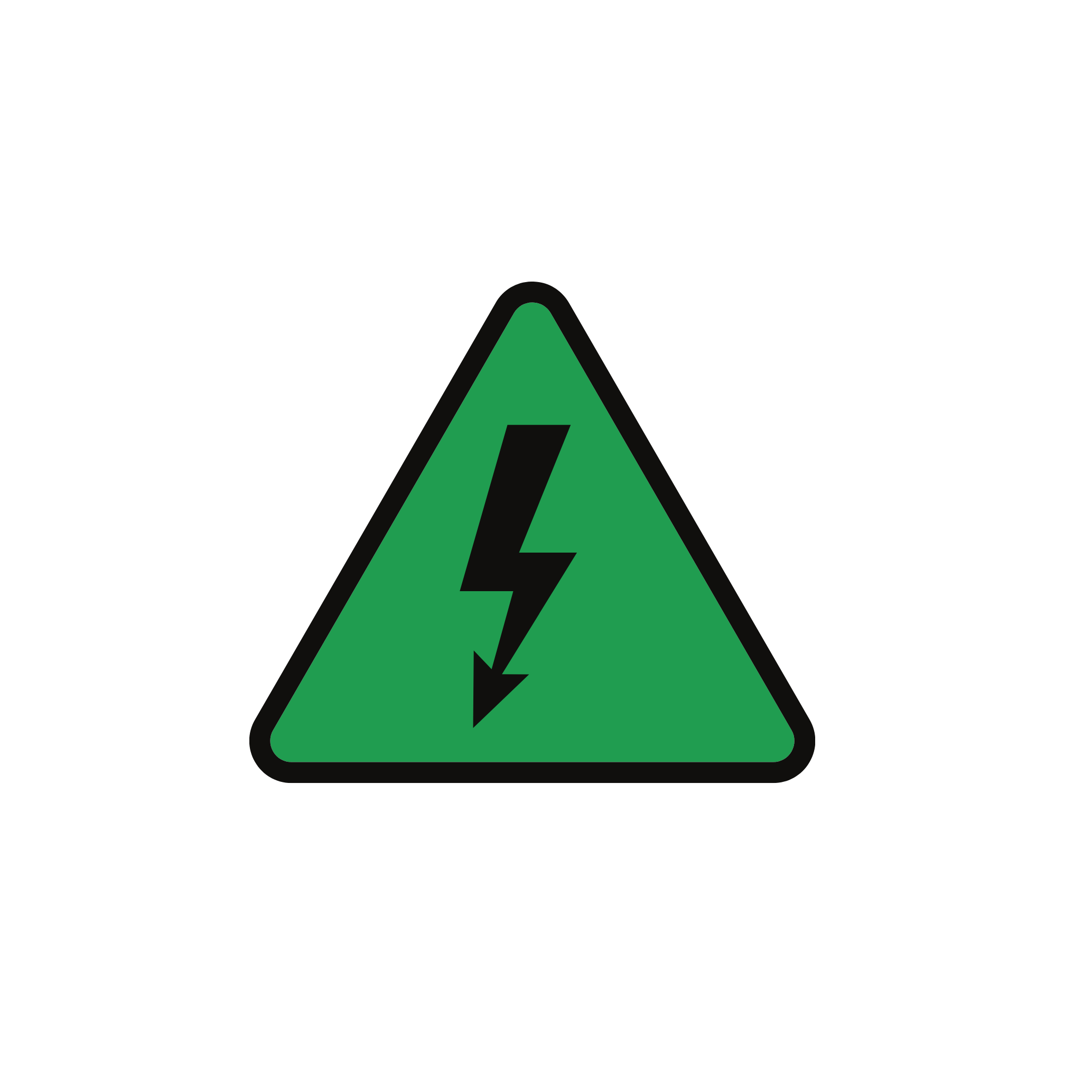 Black background with a green triangle containing a black letter 'A' and a black lightning bolt symbol.