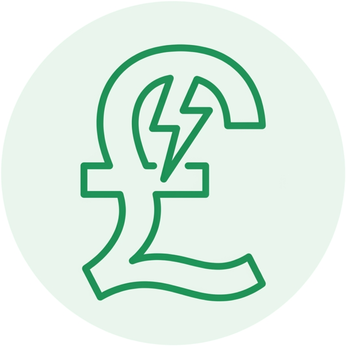 Line drawing of a British pound currency symbol with a lightning bolt inside, all in green on a light background.