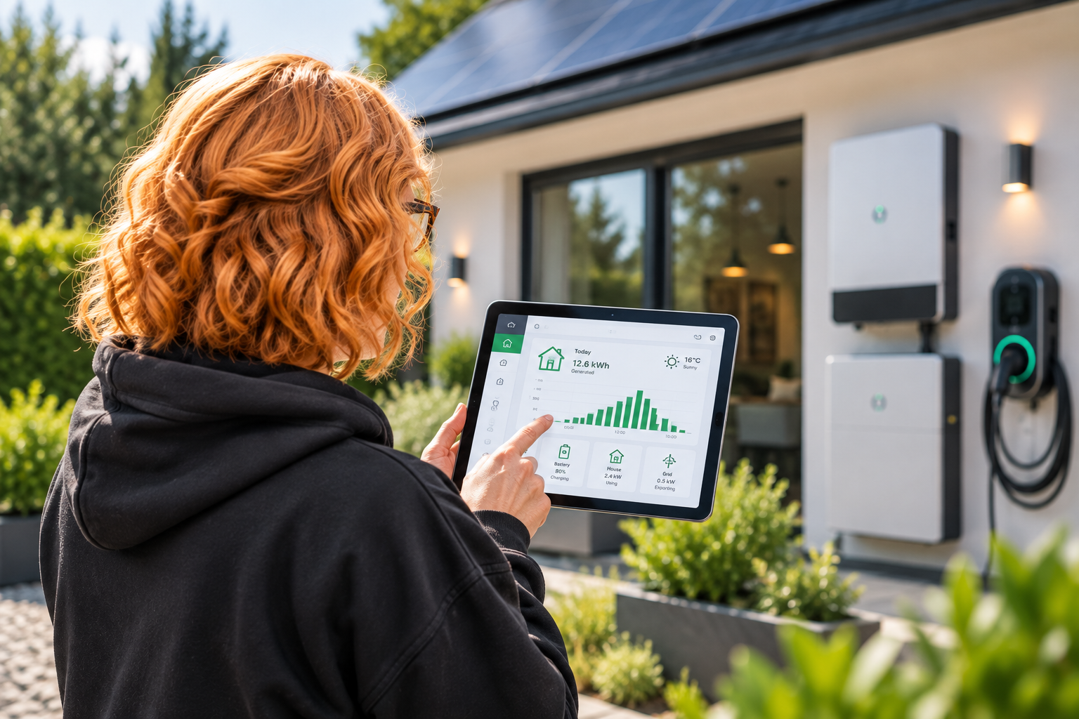 A woman with red hair and glasses holding a tablet outdoors in front of a house, monitoring a solar power system displayed on the screen.
