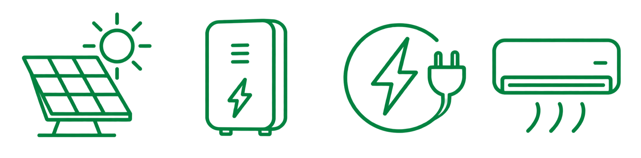 Illustration of renewable energy sources including solar panels, a wind turbine, and a power grid connected to an air conditioning unit.