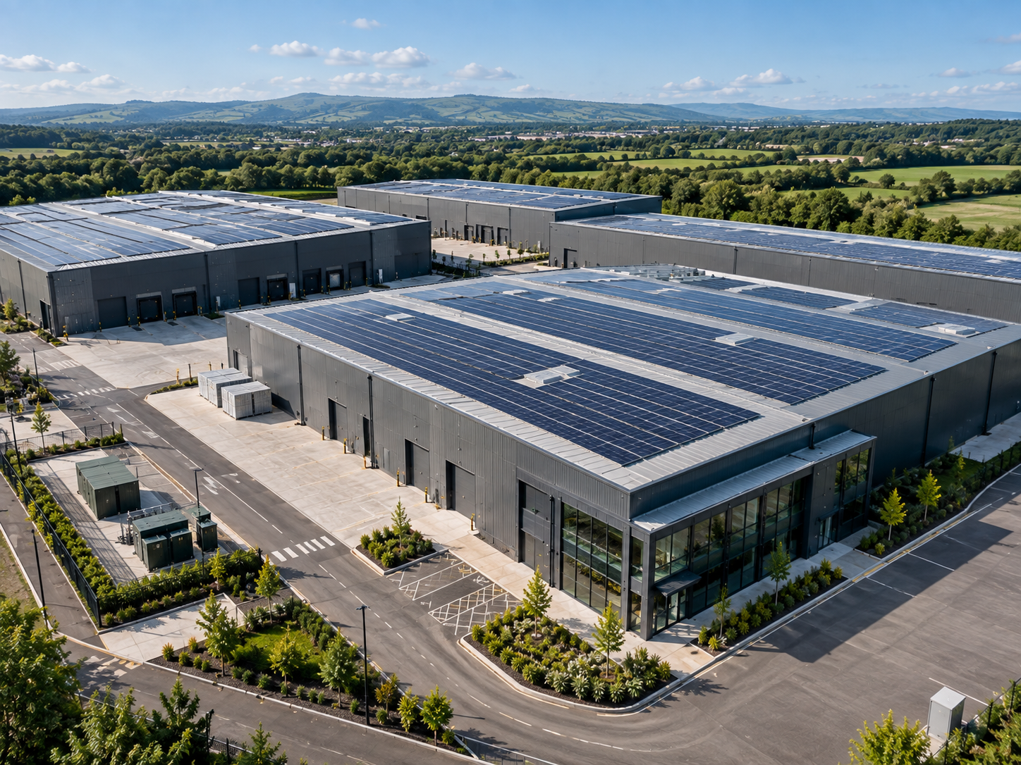 Large industrial warehouse with solar panels on the roof, surrounded by a parking lot and greenery, with mountains and cloudy sky in the background.