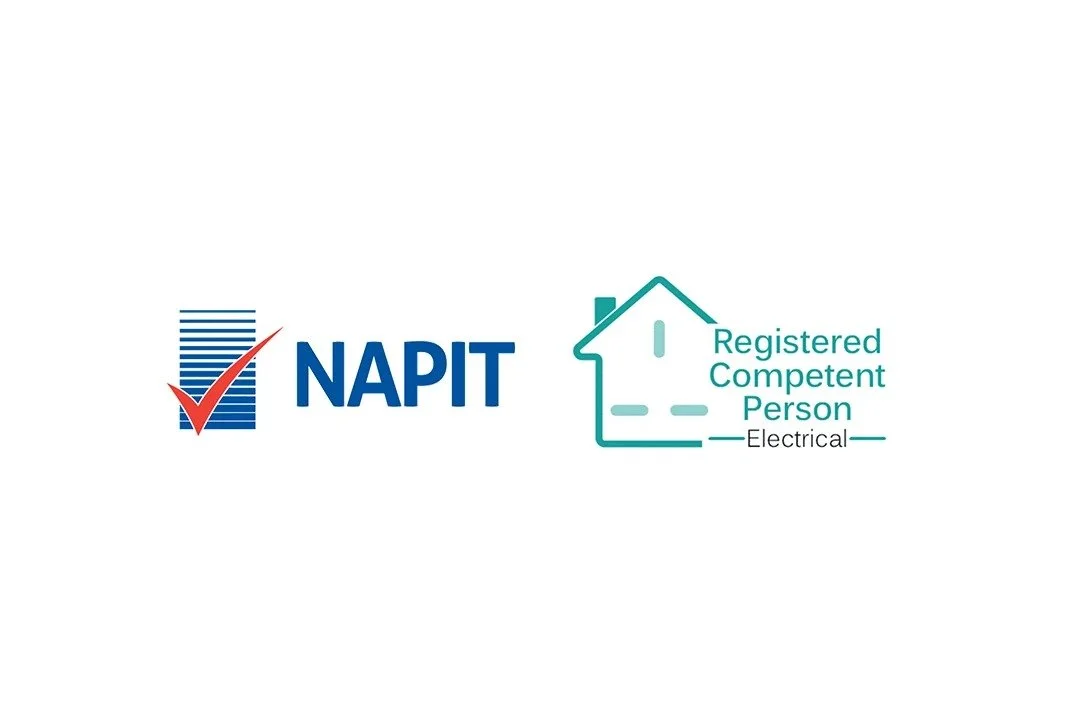 NAPIT logo with a red check mark and a blue check mark with horizontal lines, next to a house outline with the text 'Registered Competent Person Electrical'.