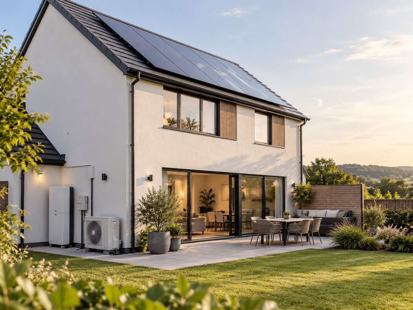 Modern two-story house with solar panels on the roof, large glass sliding doors, outdoor patio furniture, and well-maintained garden during sunset.