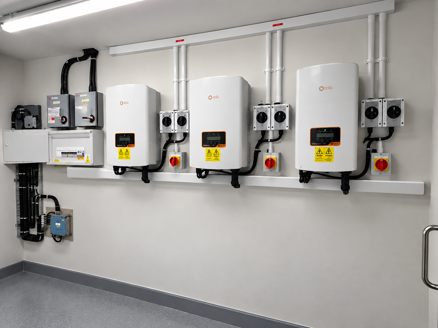 Industrial electrical equipment and inverters mounted on a white wall with pipes and wiring.