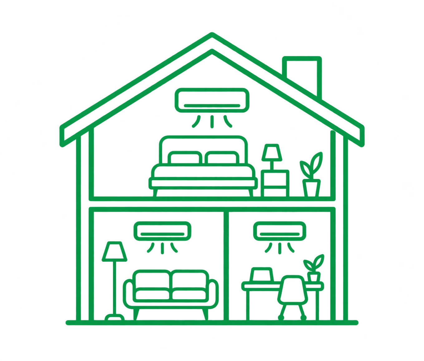 Cross-section of a two-story house showing interior rooms with furniture, plants, and a garage with a car.