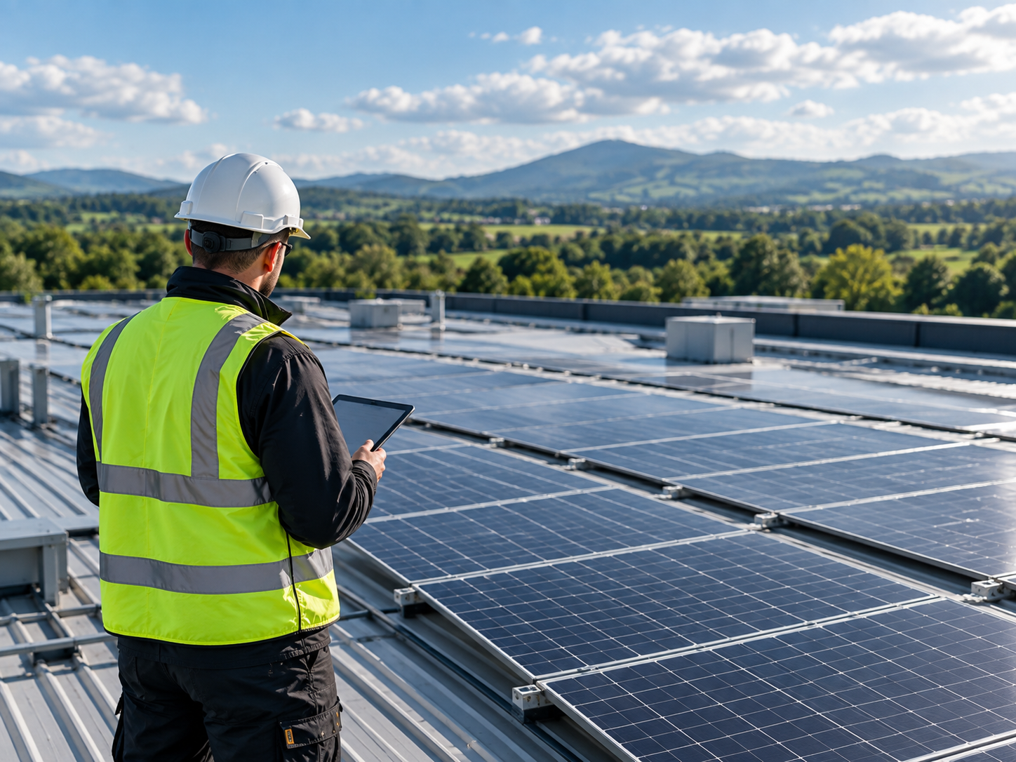 A man wearing a white safety helmet and a yellow reflective vest inspecting solar panels on a rooftop with a tablet in hand, overlooking a landscape of greenery and distant mountains.