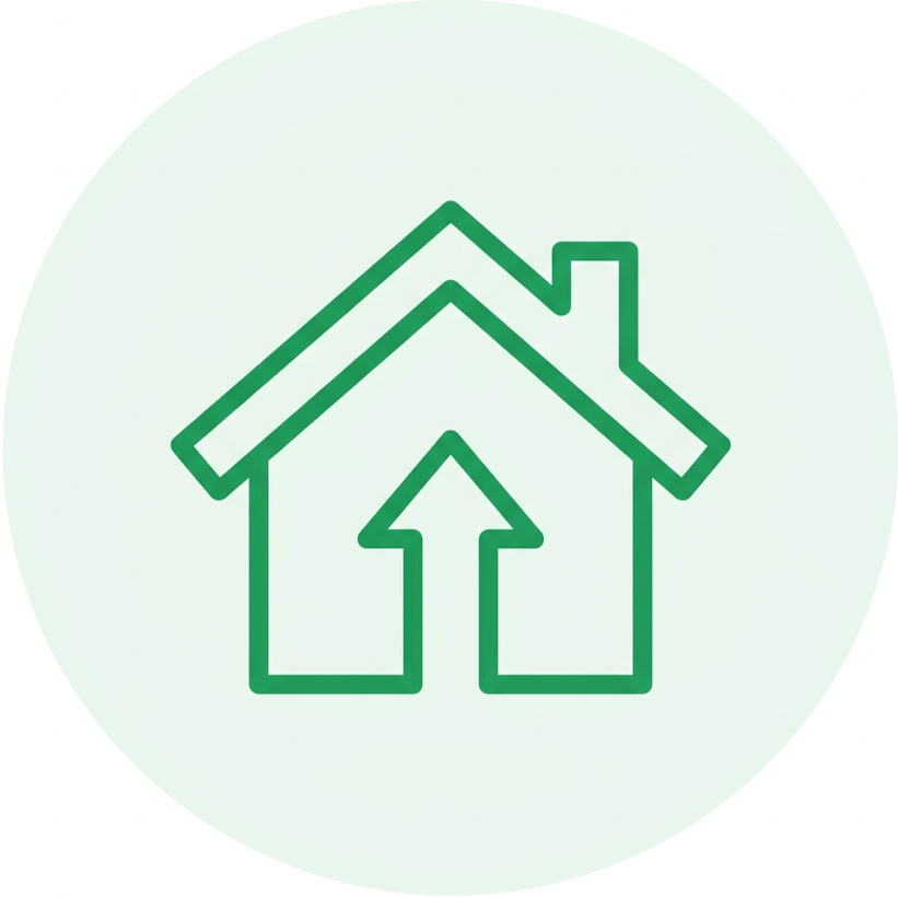 Outline of a house with an upward arrow inside, on a light green background.