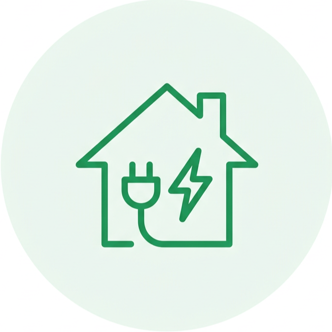 Illustration of a house with an electric plug and a lightning bolt, symbolizing energy-efficient or electric home energy solutions.