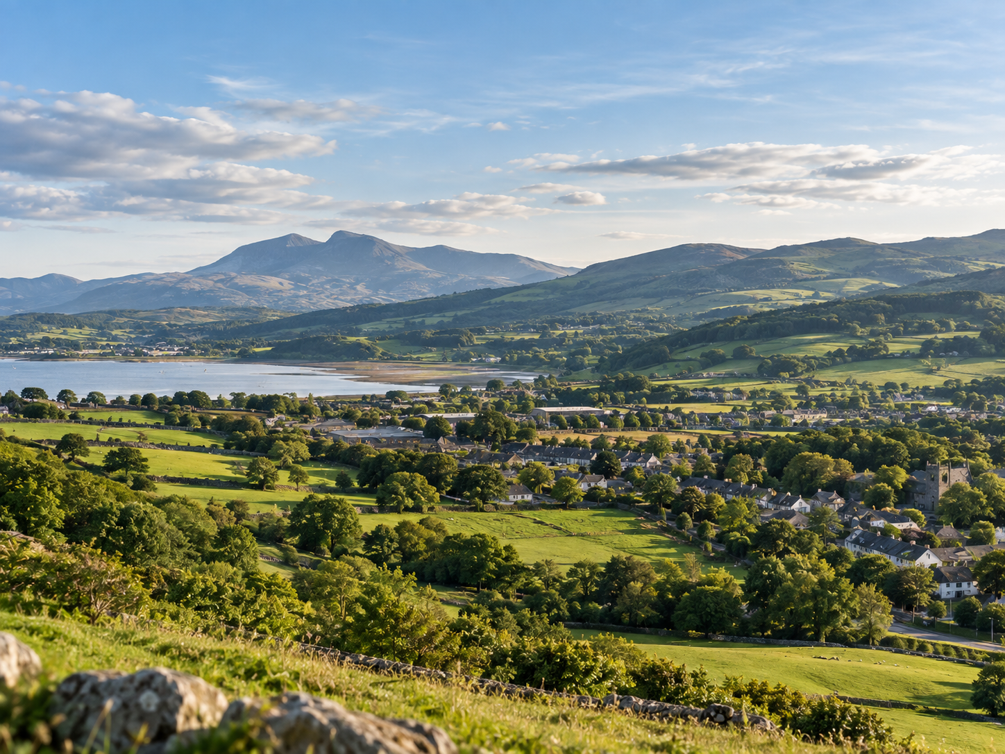 A scenic view of a lake surrounded by lush green fields and trees, with mountains in the background under a partly cloudy sky.
