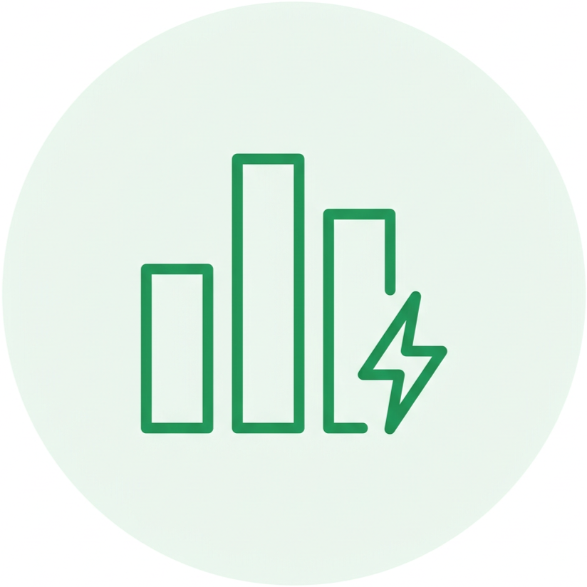 A minimalistic green line icon showing a bar chart with an electric bolt symbol beside it.