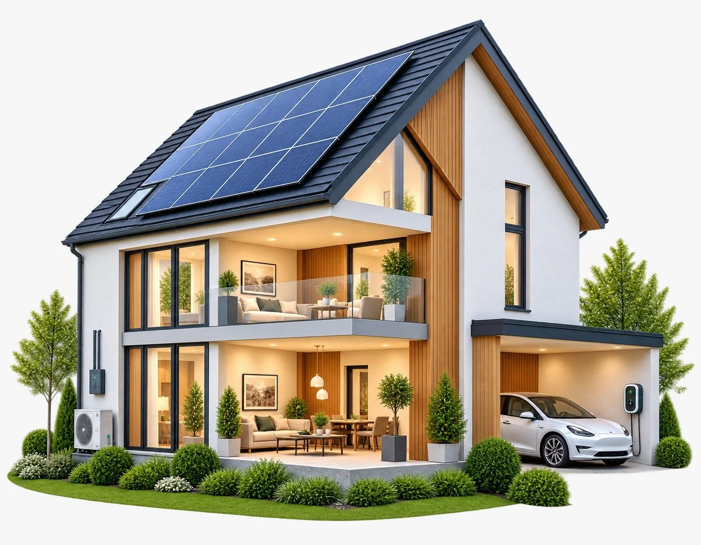 Modern three-story house with solar panels on the roof, large windows, a garage with an electric car charging, and a landscaped yard with trees and shrubs.