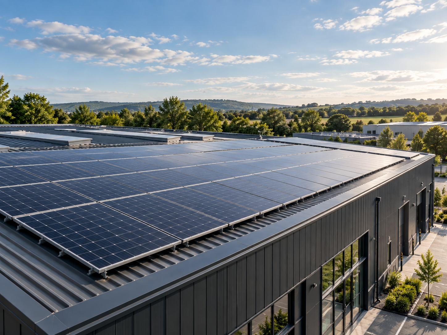 Building with solar panels on the roof, surrounded by trees and a clear sky with clouds in the background.