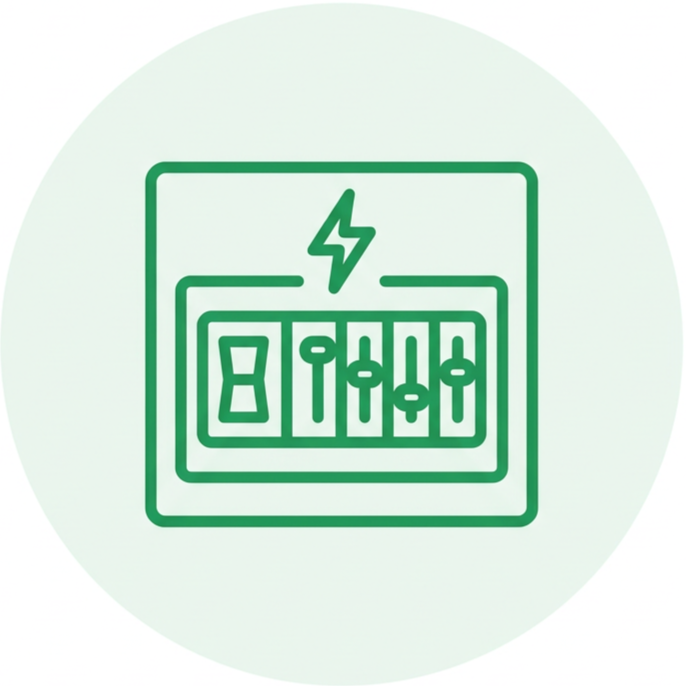 A green electrical panel with various switches and a lightning bolt symbol above it.