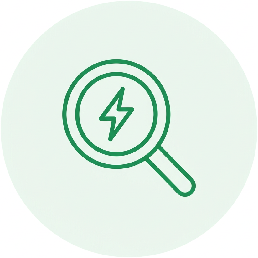 Magnifying glass examining a lightning bolt symbol, representing energy or electrical inspection.