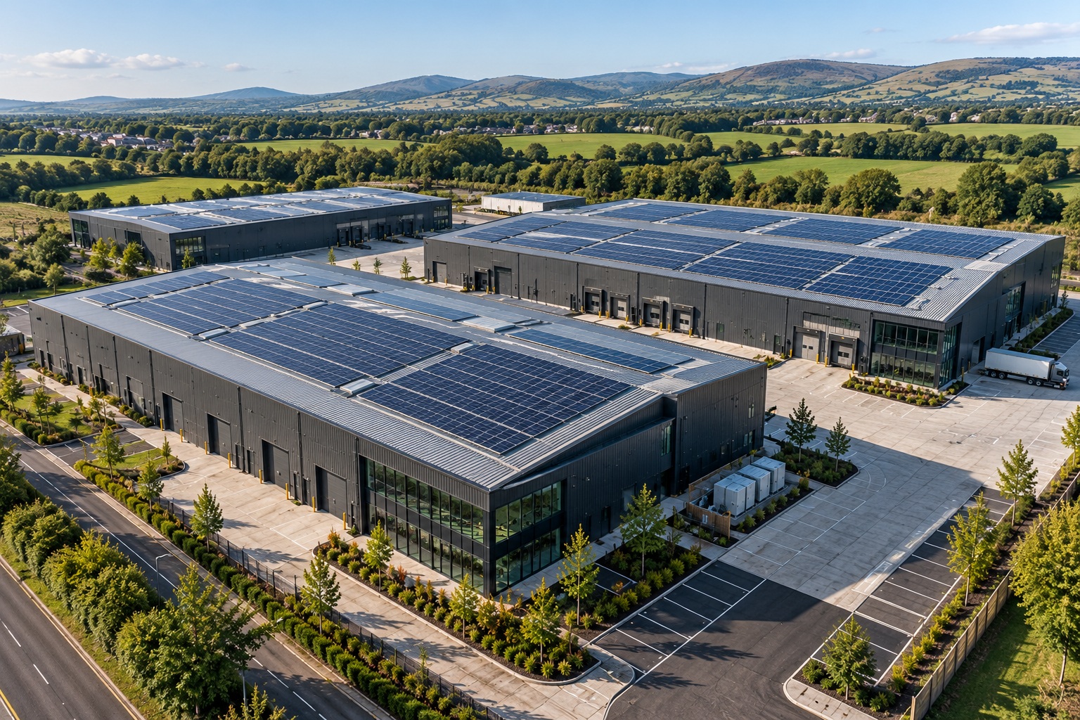 Aerial view of a large industrial building with solar panels on the roof, surrounded by parking lots and greenery, with hills and trees in the background.