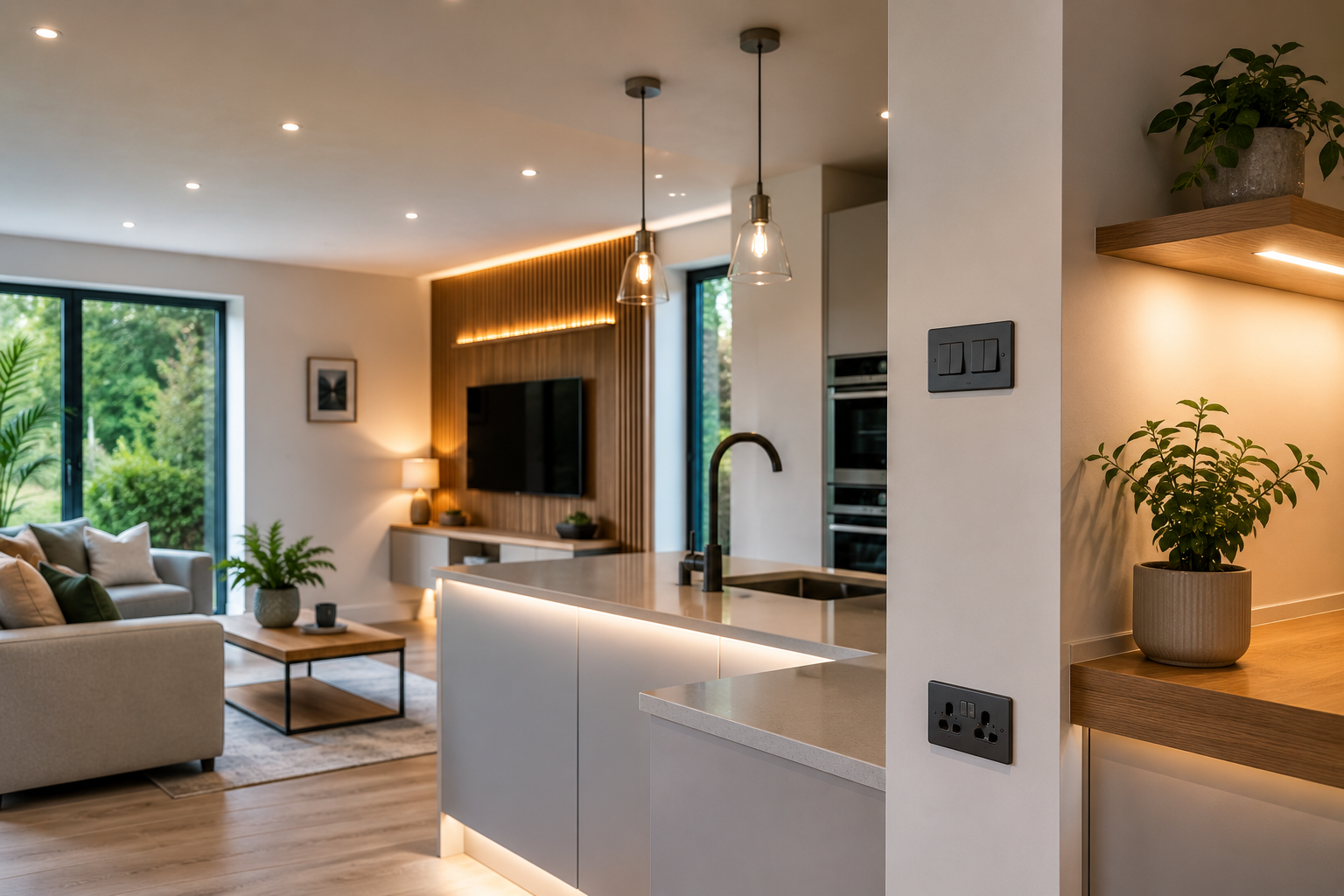 Modern open-concept living room and kitchen with light wood flooring, gray sofas, indoor plants, and large windows overlooking greenery.