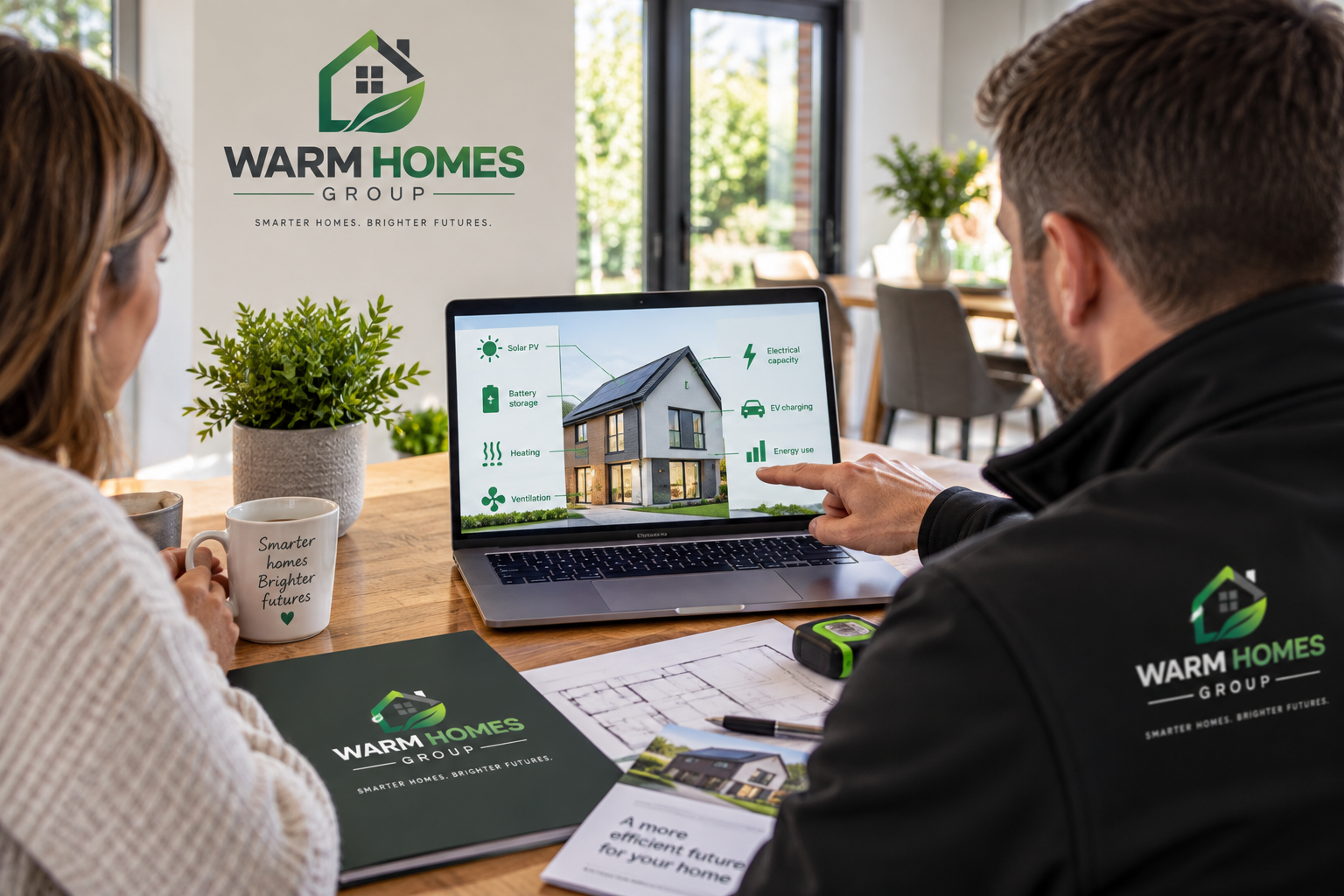 Two people at a table discussing smart home features for a modern house using a laptop, WARM HOMES GROUP branding visible on documents and wall.